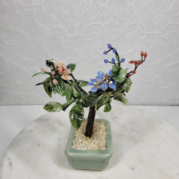 Vintage Bonsai Tree Jade Glass 8" Japanese Oriental Flower Blossom Ceramic Pot - Picture 7 of 15